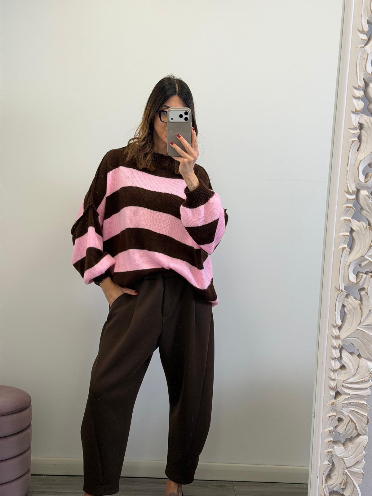 Pull Rovaniemi righe ciocco - rosa