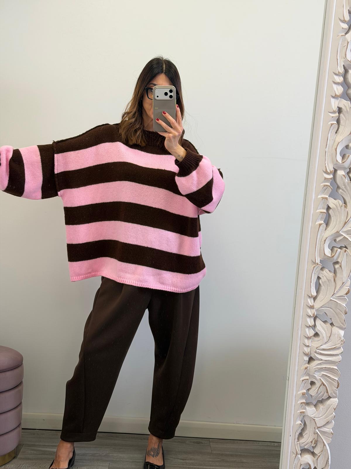 Pull Rovaniemi righe ciocco - rosa