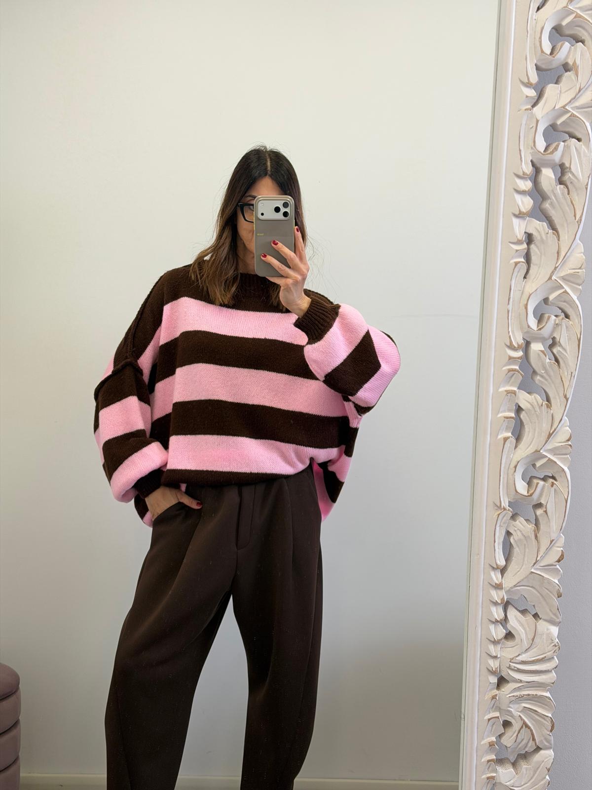 Pull Rovaniemi righe ciocco - rosa