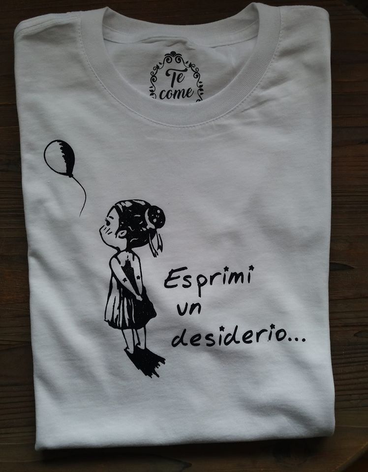 T-shirt donna con scritto "Esprimi un desiderio" disegno bambina con palloncino